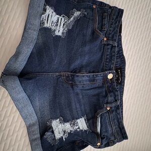 Almost Famous Dark Blue Distressed Rolled-Hem Jean Shorts